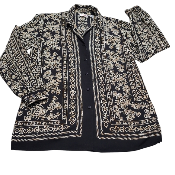 2 FOR💲1️⃣ Alia Black & Tan Abstract Patterned Button-down Blouse Size 8 - Picture 6 of 8